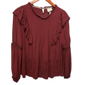 Y2K Knox Rose Women Boho Top L Maroon Ruffle Eyelet‎ Babydoll Cottage Romantic